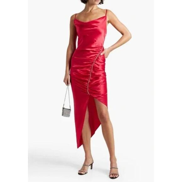 Cinq a Sept 100% Silk Emilia Dress Draped Spaghetti Strap Satin Crystal Midi - Picture 12 of 14
